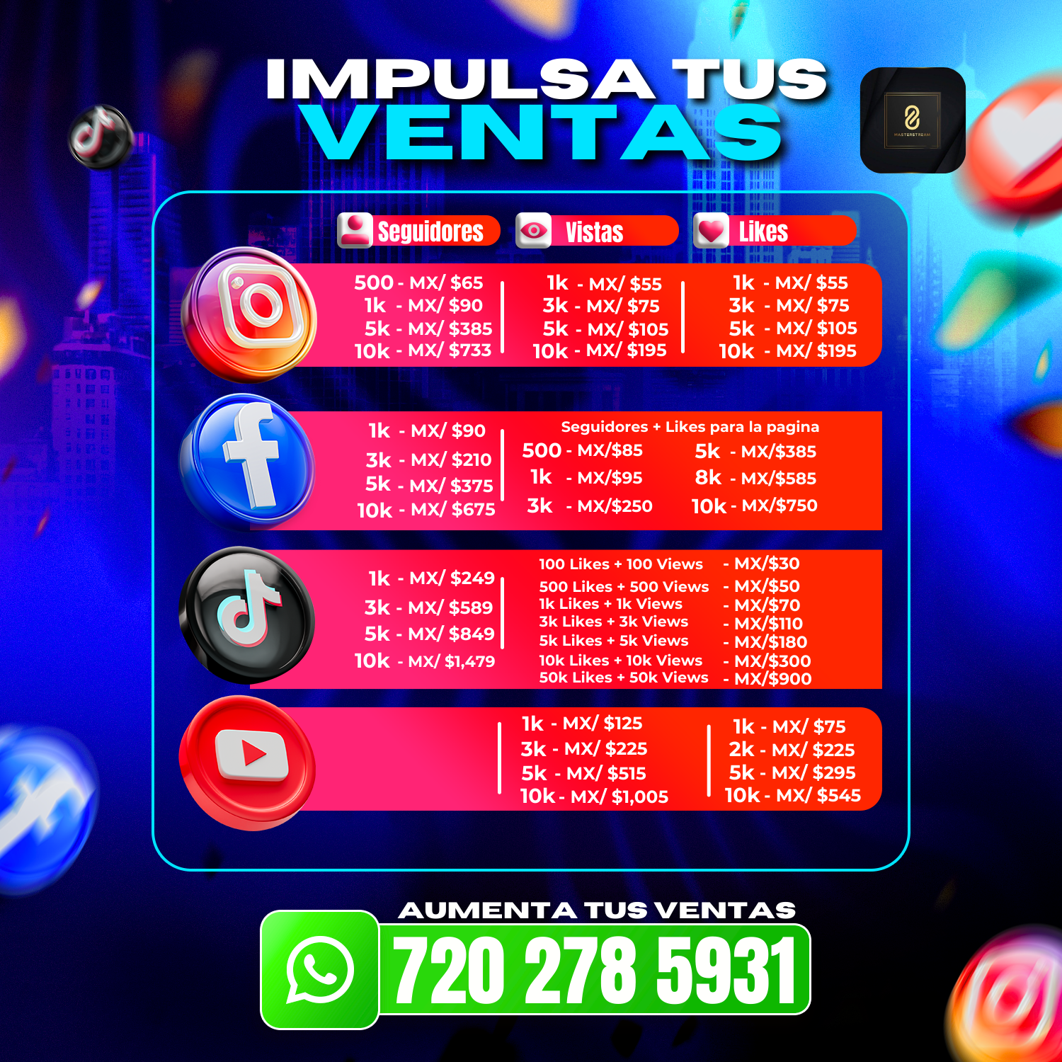 Seguidores, views, likes, en master stream
